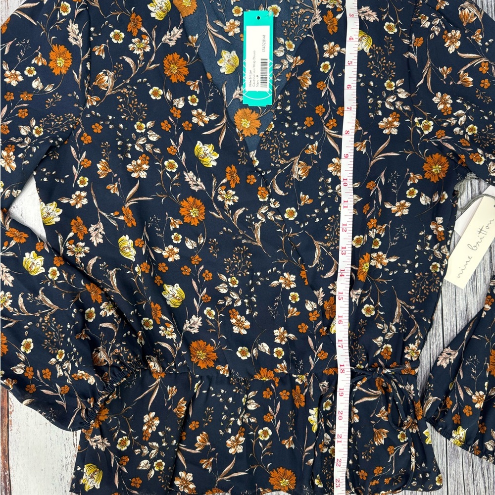 nine britton Navy Floral Wrap Blouse with Mustard and Cream Flowers - Picture 7 of 9